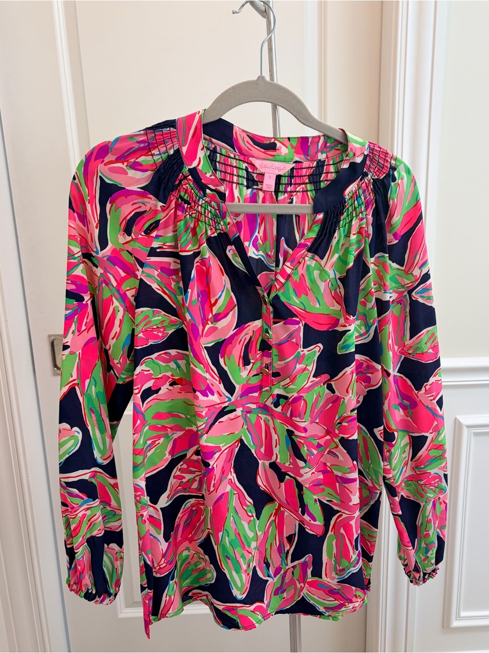 Lilly Pulitzer Elsa Navy Floral Blouse with Pink & Green Print Size S